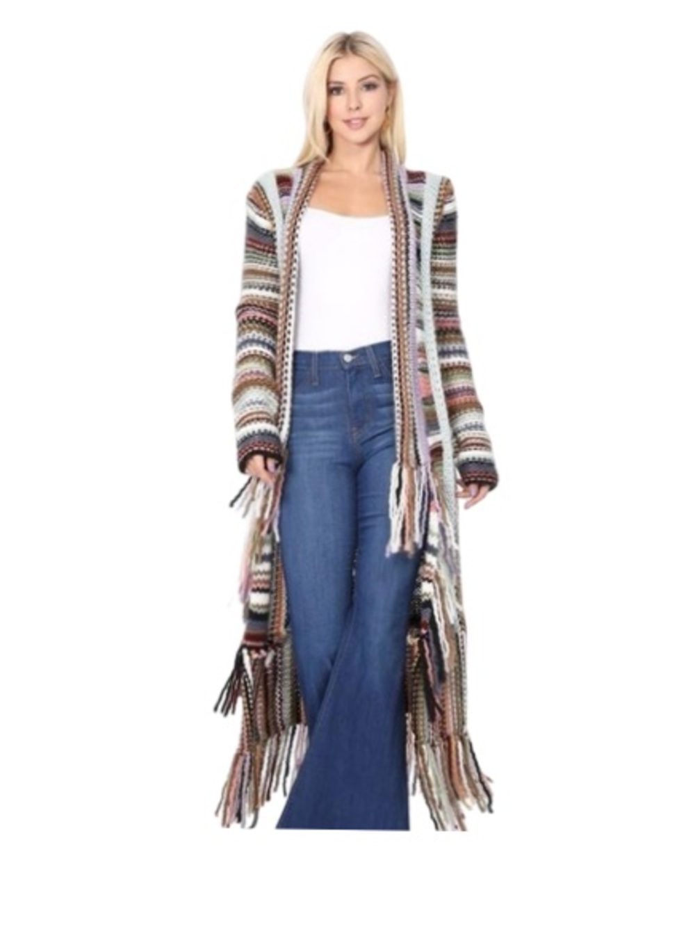 *RARE* Free People Tparty Technicolor Multicolor Knit Long Cardigan w/ fringe - Picture 5 of 14